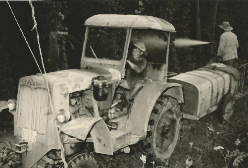 Bernd Thoma auf Traktor mit Vater Leo beim Hopfenspritzen um 1957