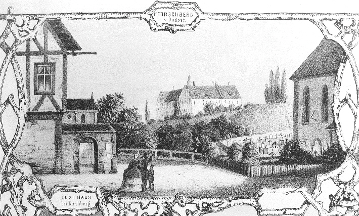 Hersberg; rechts  Kath. Kirche links der frhere Ottobeurer Hof (jetzt Volksbank), dahinter die Michaelskapelle; um 1865