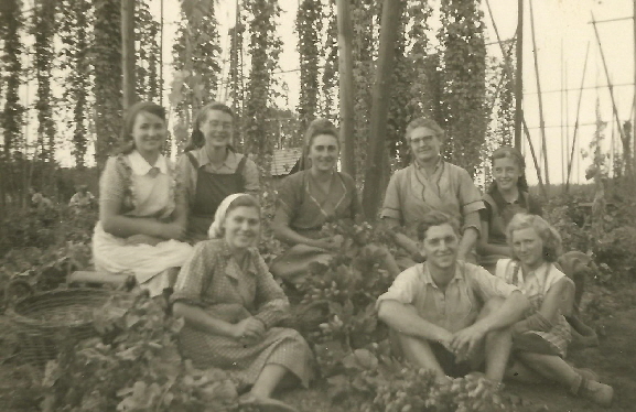 Im Hopfengarten um 1955 vorne links Armella Heger daneben Franz Heger Bild von Franz Dikreuter 1